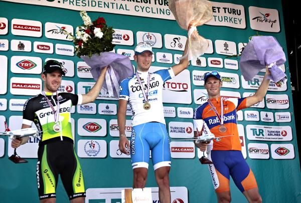 The stage 6 podium at the Tour of Turkey topped by stage winner Sacha Modolo, with Matthew Goss and Mark Renshaw