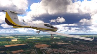 A screenshot from Microsoft Flight Simulator 2024 of a white plane with a yellow stripe flying over the UK.