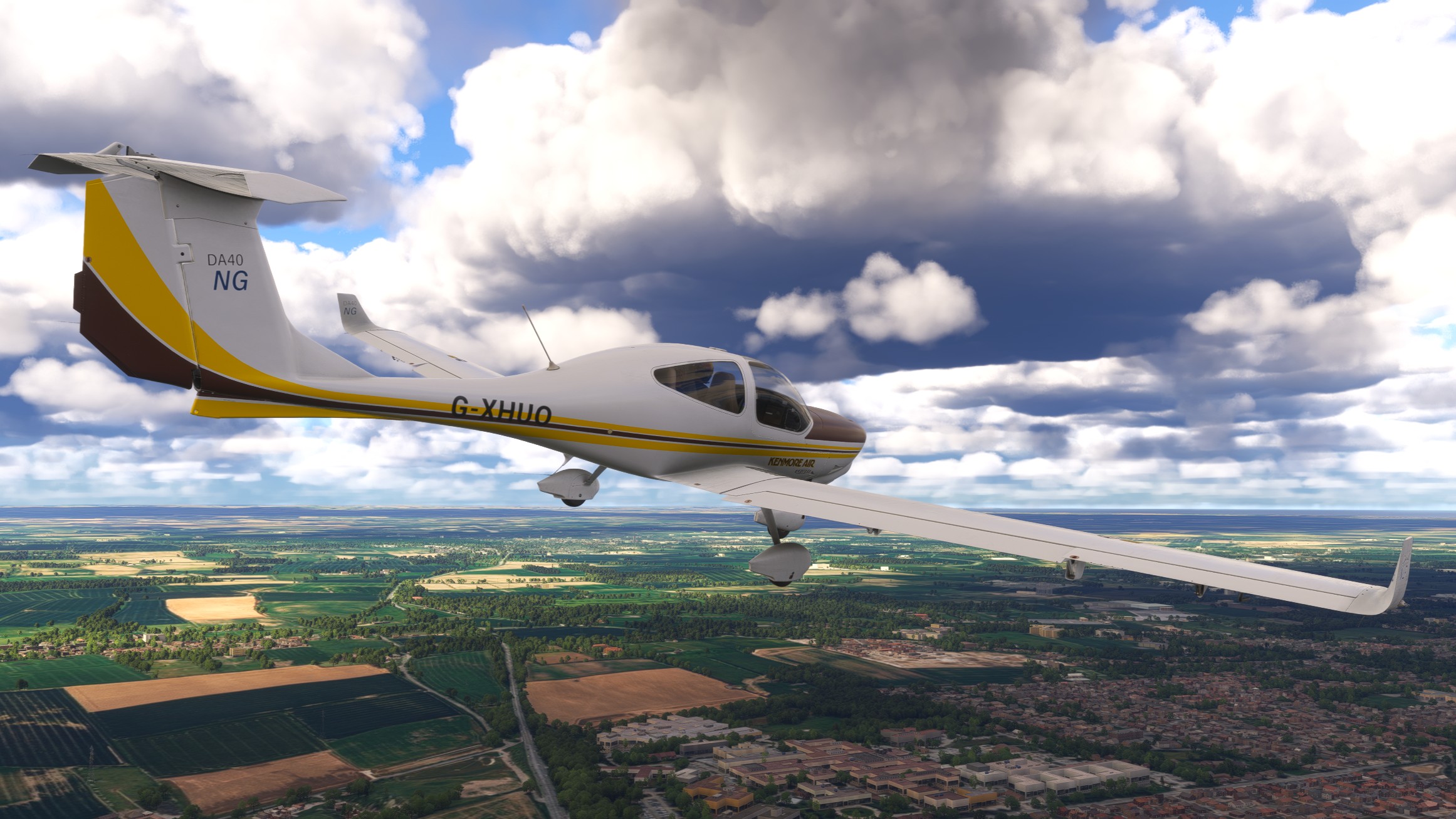 A screenshot from Microsoft Flight Simulator 2024 of a white plane with a yellow stripe flying over the UK.
