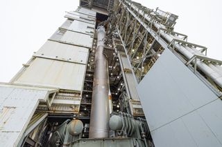 A United Launch Alliance Atlas V rocket with the United States Geological Survey's Landsat 9 satellite perched atop it as seen on the launch pad in advance of its Sept. 27, 2021, launch.