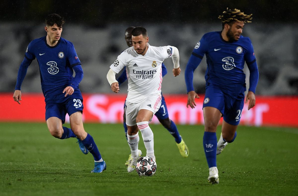 Eden Hazard taking on Kai Havertz and Recce James