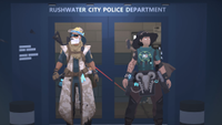 Two world-weary tactical mages stand outside of a police department they just tore through.
