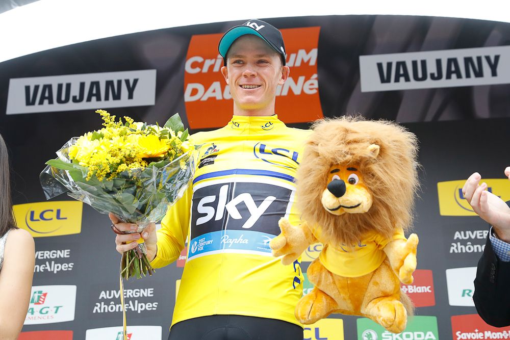 Chris Froome in yellow on the stage 5 podium at Criterium du Dauphine