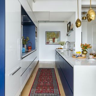 blue and white galley kitchen