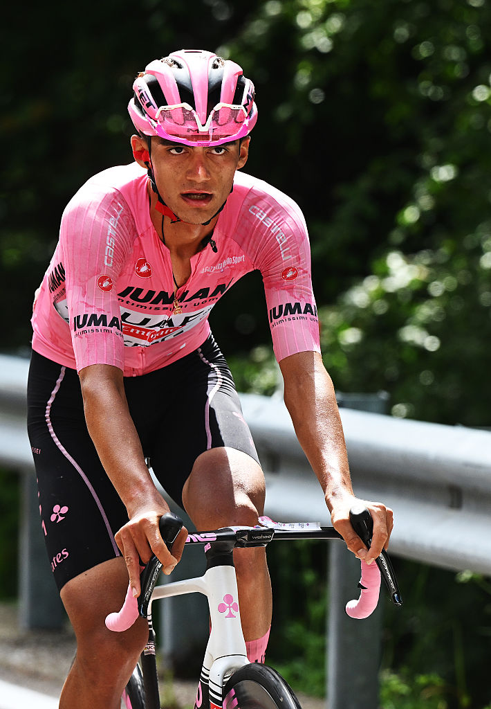 SAN VALENTINO ITALY MAY 27 Isaac Del Toro of Mexico and Team UAE Team Emirates XRG Pink Leader Jersey competes during the 108th Giro dItalia 2025 Stage 16 a 203km stage from Piazzola sul Brenta to San Valentino Brentonico 1316m UCIWT on May 27 2025 in San Valentino Italy Photo by Dario BelingheriGetty Images