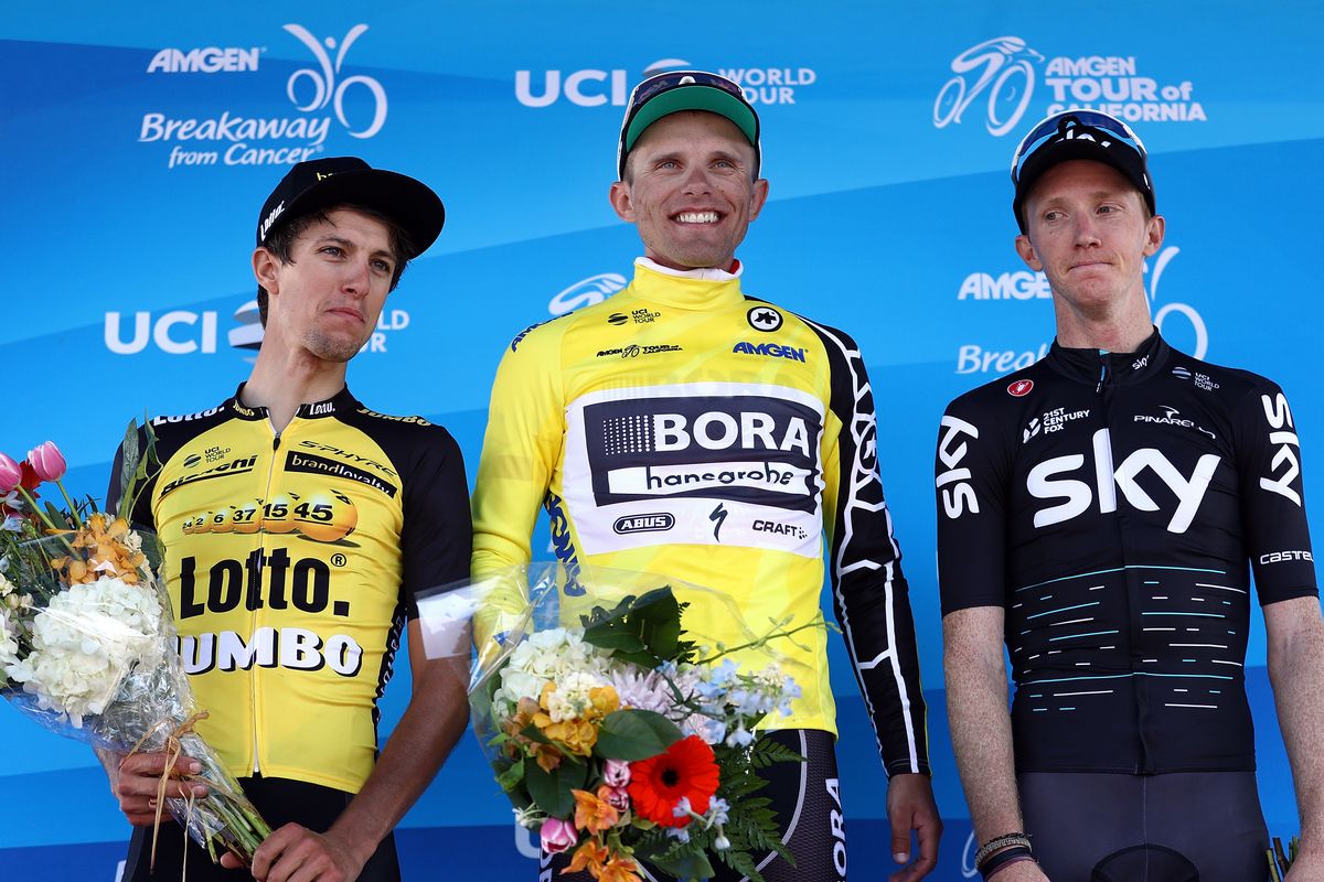 George Bennett, Rafal Majka and Ian Boswell on the podium after stage 2
