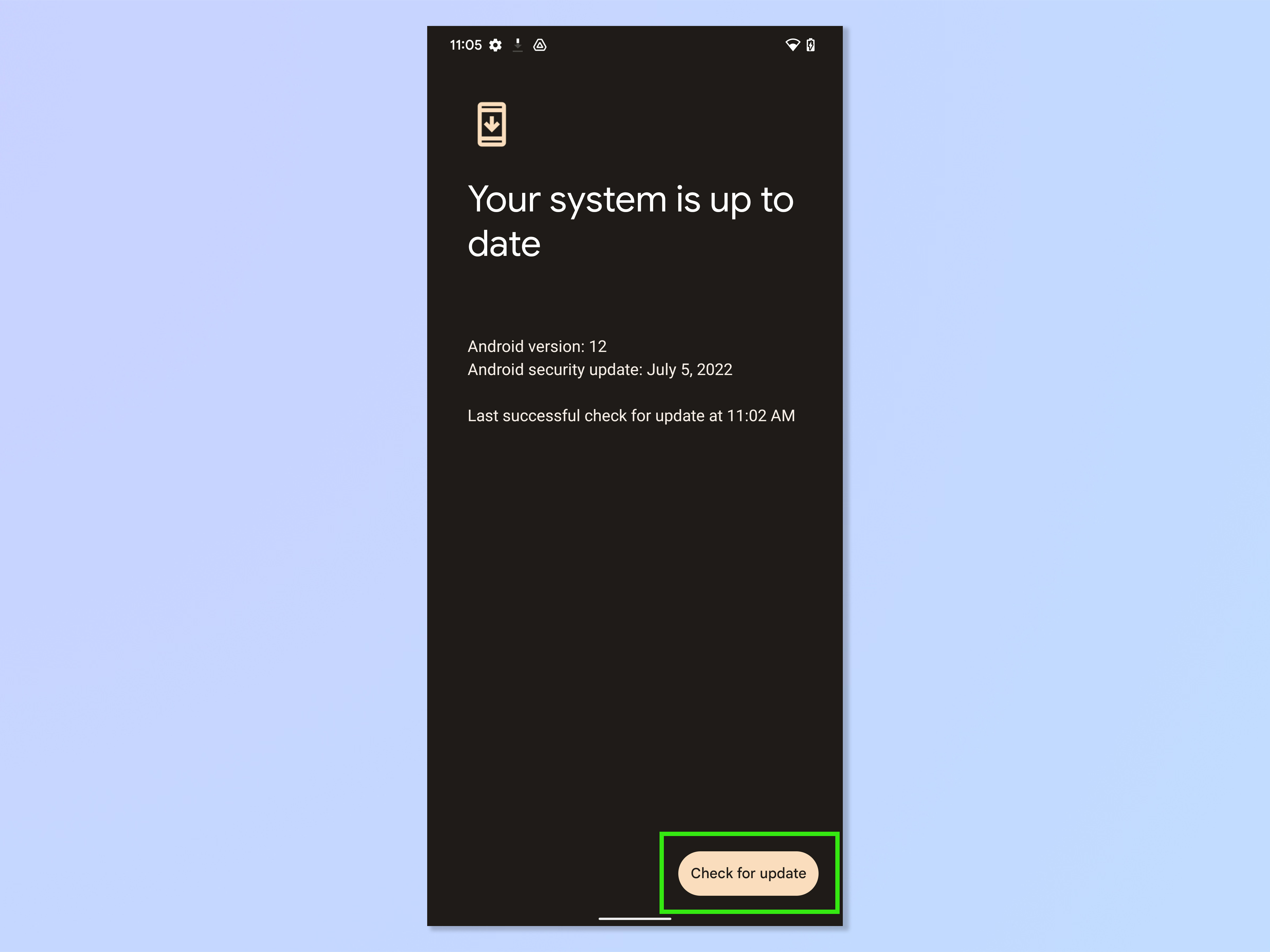 A screenshot showing the steps required to update Android