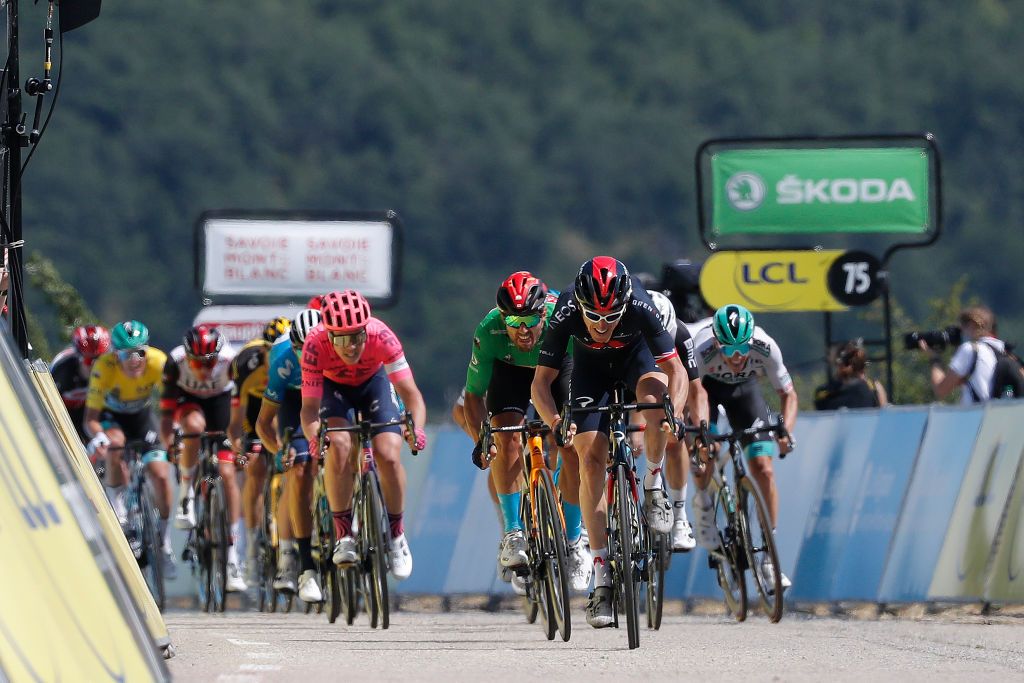 SAINTVALLIER FRANCE JUNE 03 Geraint Thomas of The United Kingdom and Team INEOS Grenadiers Sonny Colbrelli of Italy and Team Bahrain Victorious Green Points Jersey sprint at arrival during the 73rd Critrium du Dauphin 2021 Stage 5 a 1754km stage from SaintChamond to SaintVallier UCIworldtour Dauphin dauphine on June 03 2021 in SaintVallier France Photo by Bas CzerwinskiGetty Images