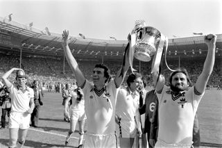 Trevor Brooking and Frank Lampard Sr of West Ham United celebrate with the FA Cup after victory in the 1980 final against Arsenal