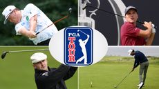 The PGA Tour logo, with players hitting hybrids around it