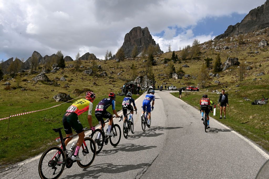 TRE CIME DI LAVAREDO ITALY MAY 26 Magnus Cort of Denmark and Team EF EducationEasyPost Derek Gee of Canada and Team Israel Premier Tech Carlos Verona of Spain and Movistar Team and Michael Hepburn of Australia and Team Jayco AlUla compete in the breakaway at the Passo Giau 2236m during the 106th Giro dItalia 2023 Stage 19 a 183km stage from Longarone to Tre Cime di Lavaredo 2307m UCIWT on May 26 2023 in Tre Cime di Lavaredo Italy Photo by Tim de WaeleGetty Images