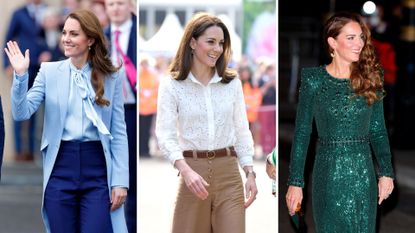 Composite of three pictures of Kate Middleton wearing different earrings from Missoma and Monica Vinader
