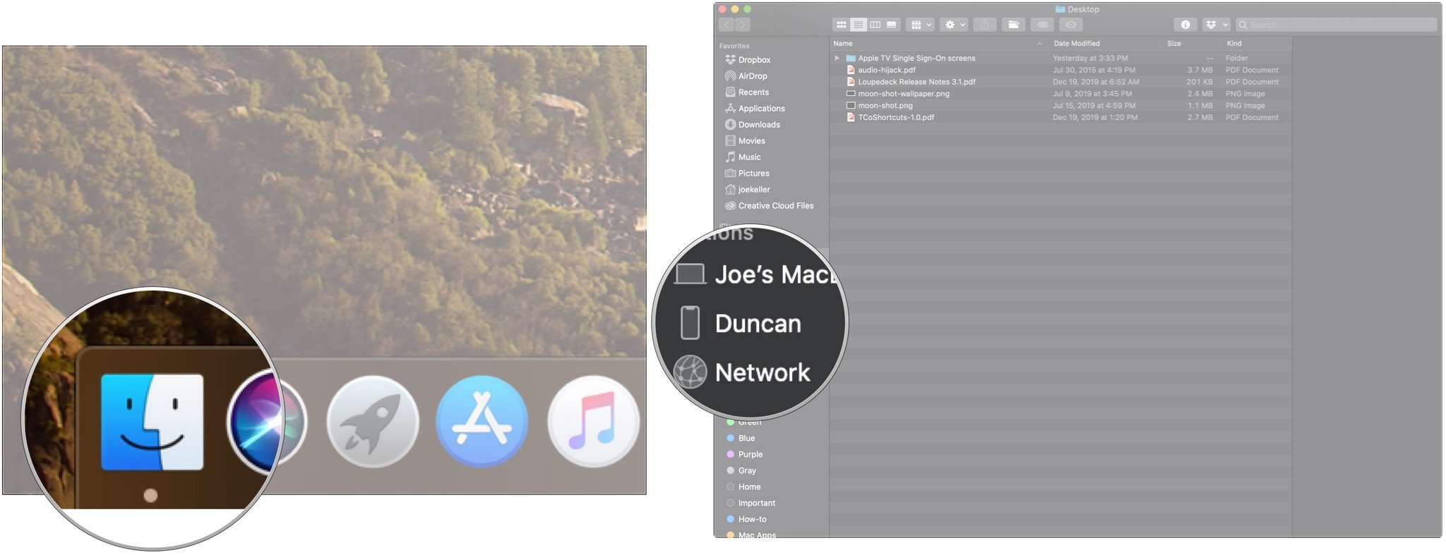 Резервное копирование iPhone или iPad в macOS Catalina, показывающее, как щелкнуть значок Finder, чтобы открыть окно Finder, и щелкнуть свое устройство на боковой панели.