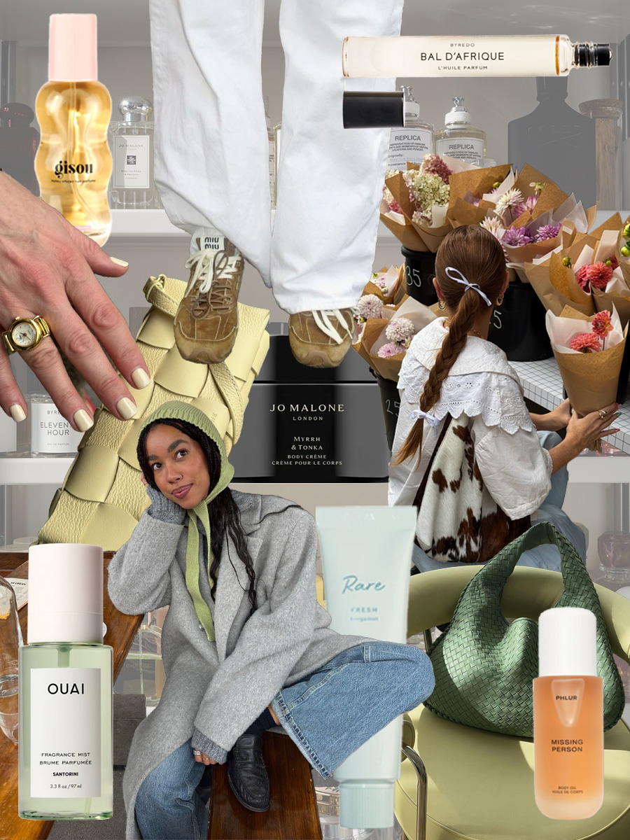 Imagery of individual style and fragrances, including Gisou hair perfume, Byredo Bal D'Afrique perfume oil, Jo Malone London myrhh and tonka body cream, Ouai Santorini body mist, Rare Beauty perfume layering balm in Bergamot and Phlur Missing Person Body Oil in Missing Person