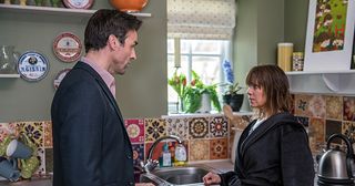 How will Rhona Goskirk react when she finds Pierce Harris in her living room in Emmerdale.