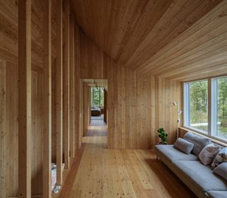 timber clad interior of cabin