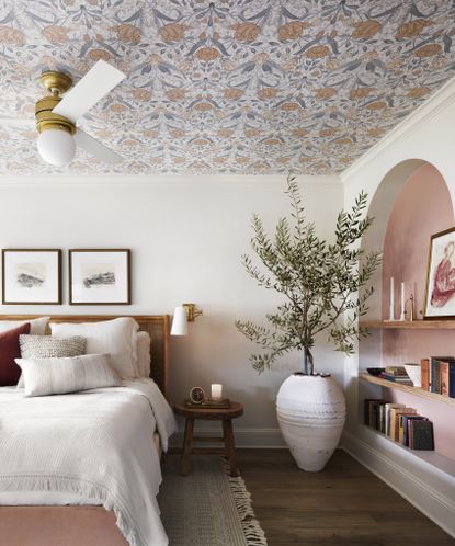 Ceiling wallpaper: Joanna Gaines bedroom project, bedroom with wallpaper on the ceiling from Fixer Upper: Welcome Home