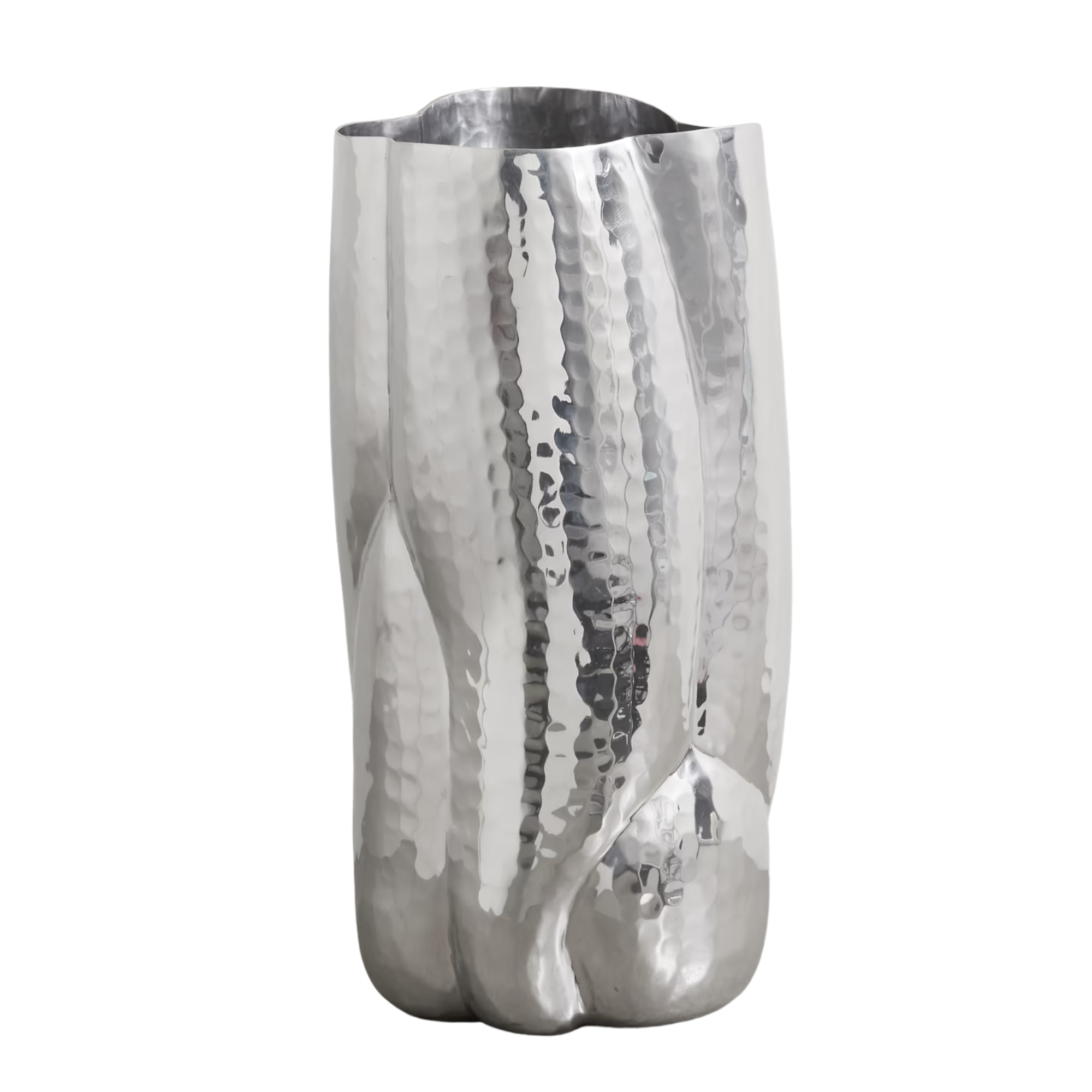 tall silver vase with hammered detail