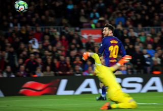 Lionel Messi scores his third goal for Barcelona against Leganes at Camp Nou in April 2018.