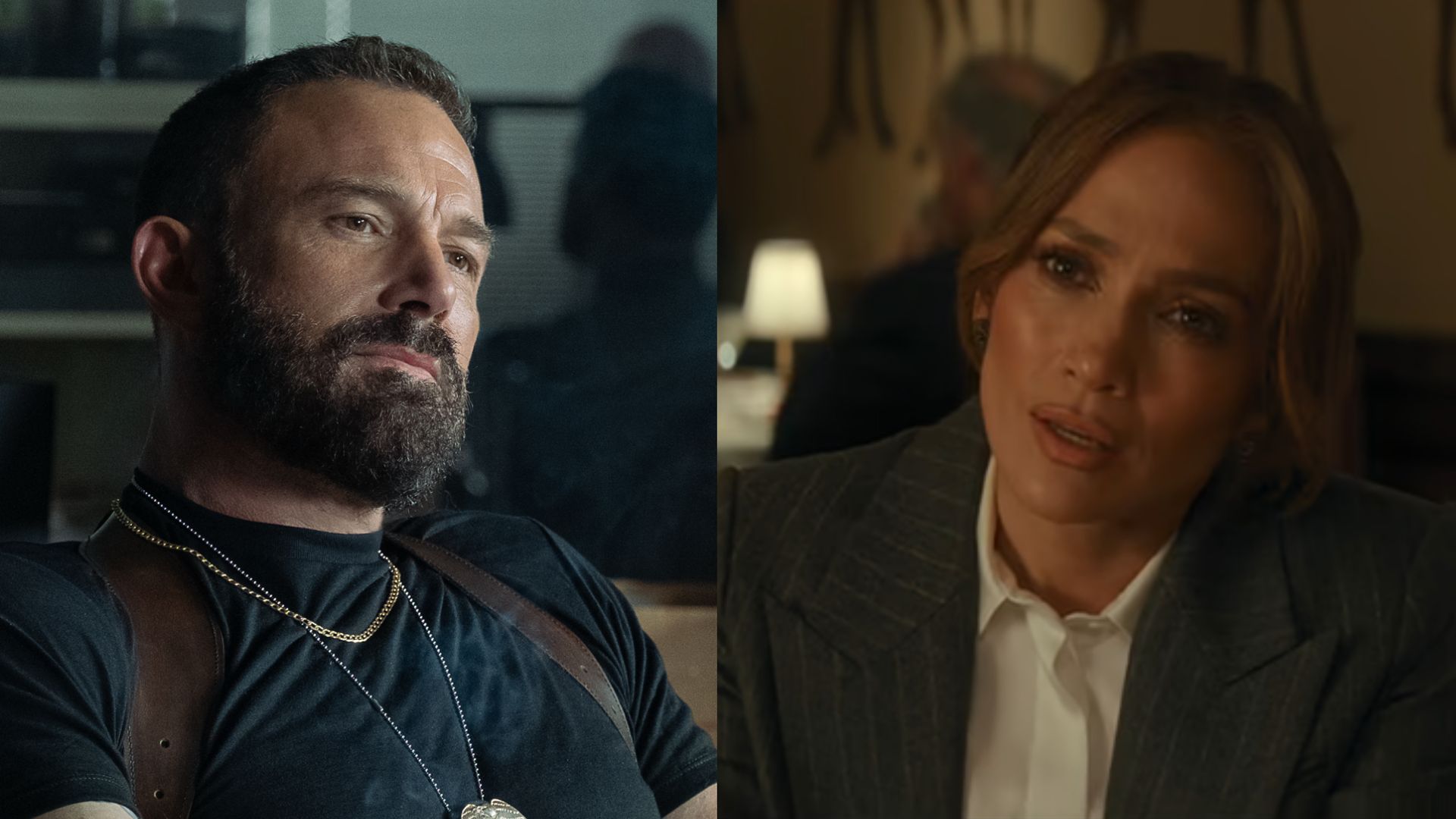 Ben Affleck as a cop in The Rip, next to Jennifer Lopez at a business dinner in Office Romance.