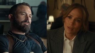 Ben Affleck as a cop in The Rip, next to Jennifer Lopez at a business dinner in Office Romance.