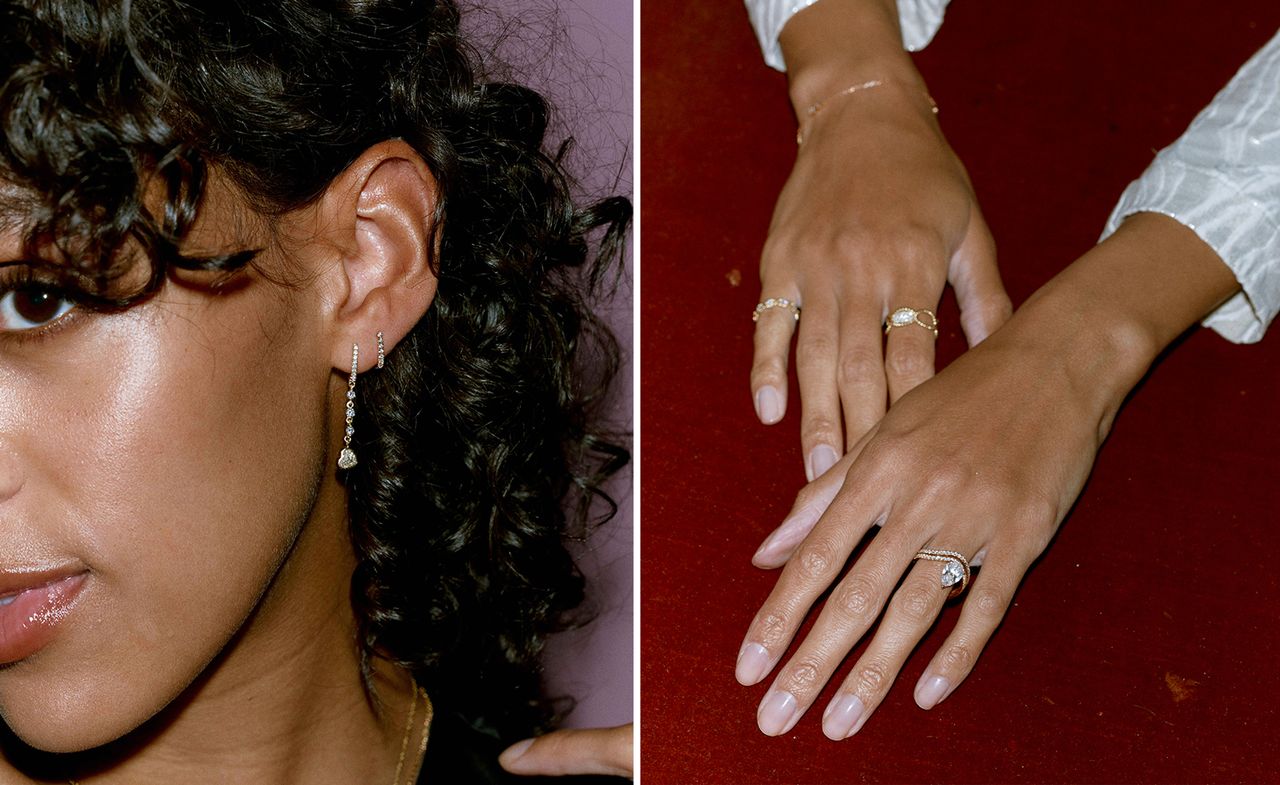 woman wearing rings and earrings