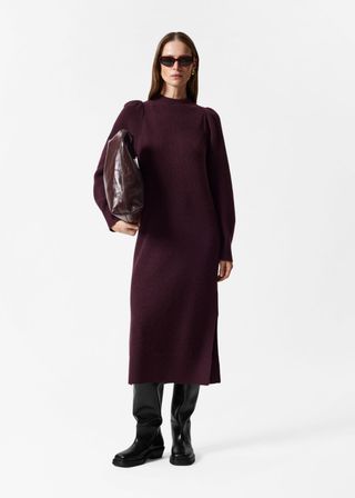 Puff-Sleeve Wool Midi Dress