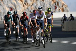 JEBEL JAIS UNITED ARAB EMIRATES FEBRUARY 23 LR Tadej Pogacar of Slovenia and UAE Team Emirates white best young jersey Luke Plapp of Australia and Team INEOS Grenadiers and Jan Hirt of Czech Republic and Team Intermarch Wanty Gobert Matriaux compete in the breakaway during the 4th UAE Tour 2022 Stage 4 a 181km stage from Fujairah Fort to Jebel Jais 1490m UAETour WorldTour on February 23 2022 in Jebel Jais United Arab Emirates Photo by Tim de WaeleGetty Images