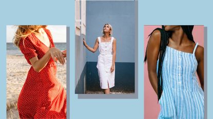collage of image showing three shots of different women—one wearing a floaty red and white polka dot dress on the beach, one walking next to a blue building in a white linen sun dress and one wearing a blue and white stripy jumpsuit romper—on a light blue background