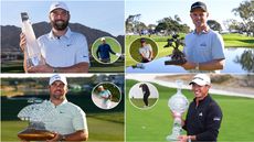 Scottie Scheffler, Justin Rose, Chris Gotterup and Collin Morikawa hold trophies and hit wedge shots