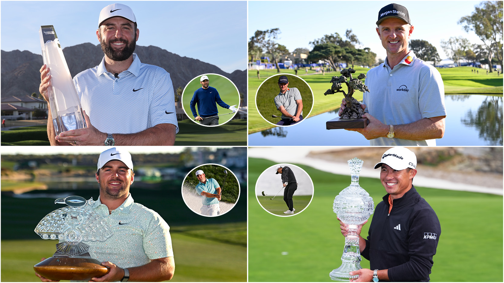 Scottie Scheffler, Justin Rose, Chris Gotterup and Collin Morikawa hold trophies and hit wedge shots