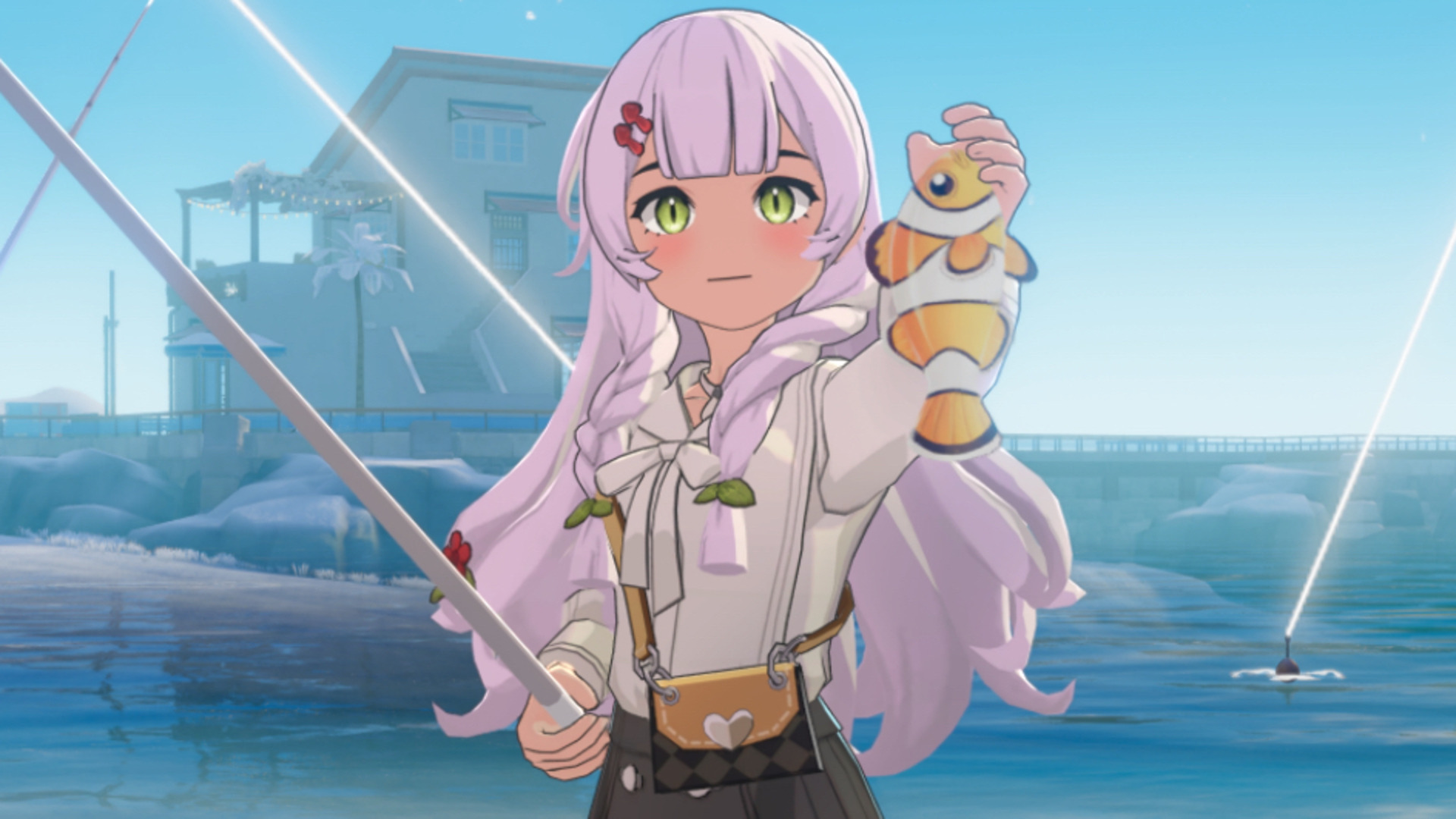 Anime girl with long pink hair proudly holds clown fish in one hand and fishing pole in the other