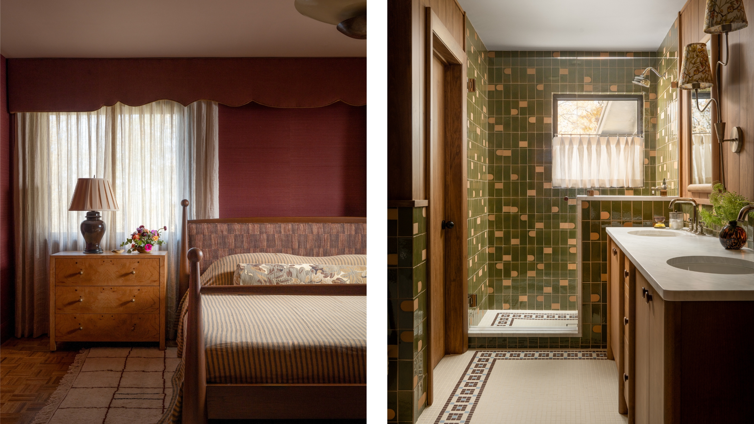a purple-red bedroom with neutral bedding next to a green and orange tiled bathroom with a wood vanity