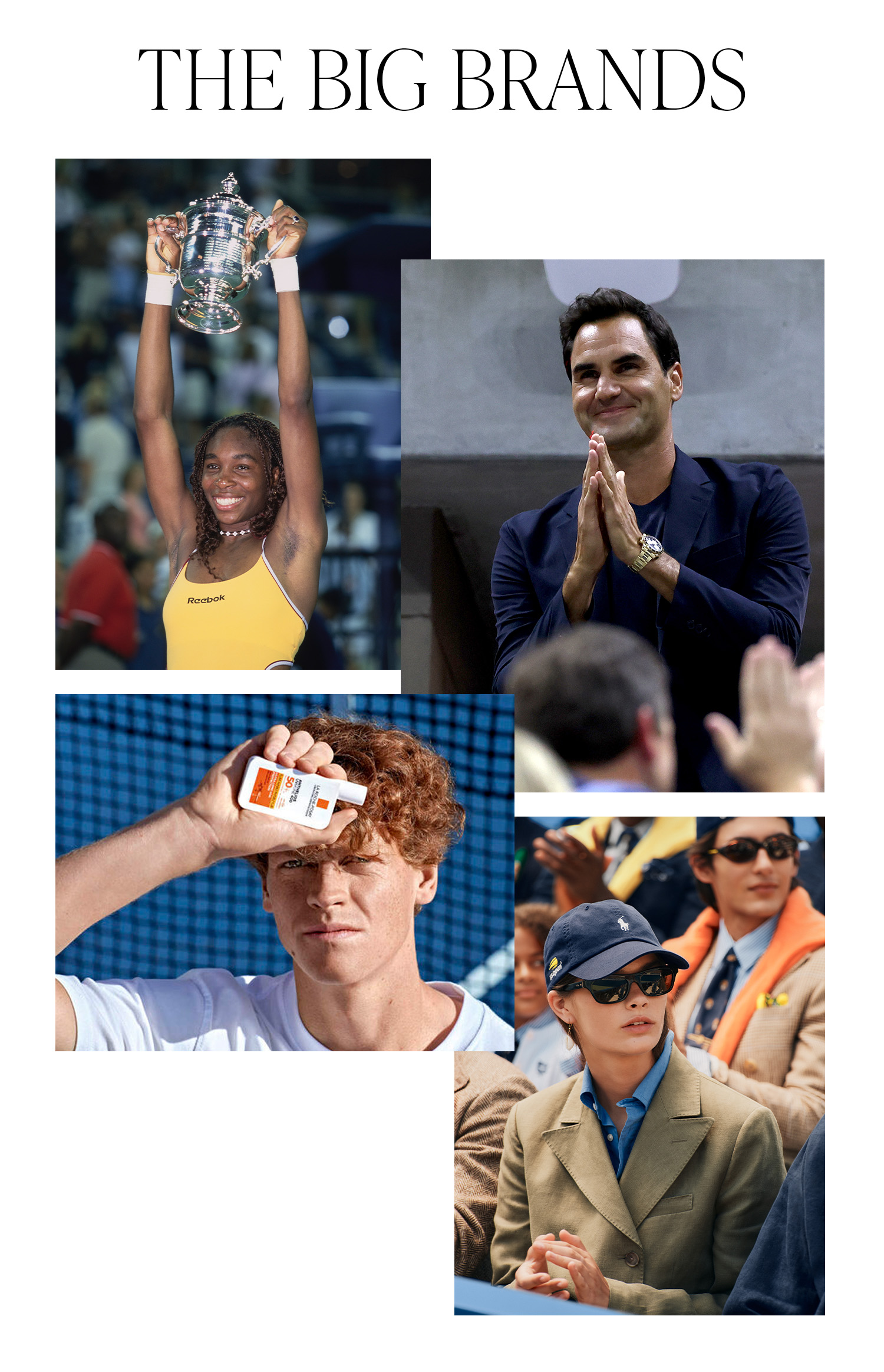 A slide titled, "The Big Brands," with photos of Jannik Sinner, Roger Federer, and Jannik Sinner.
