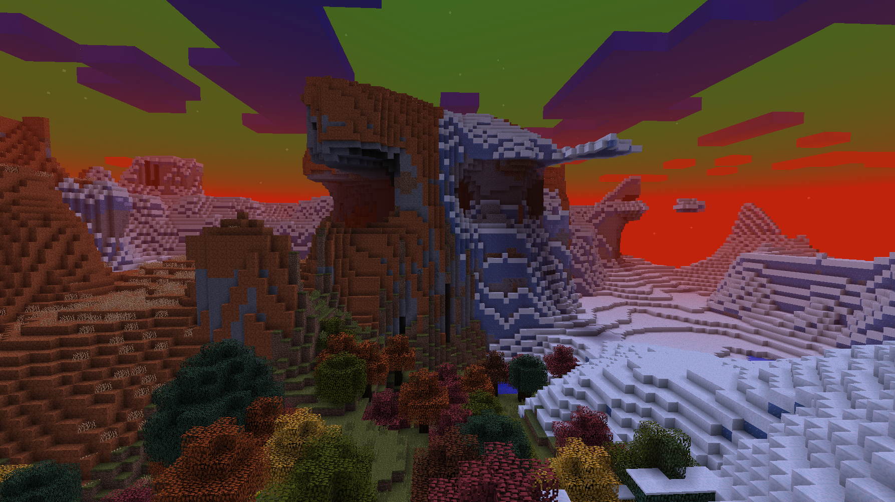 Minecraft mods - Mystcraft - A mountain split between snow and mesas