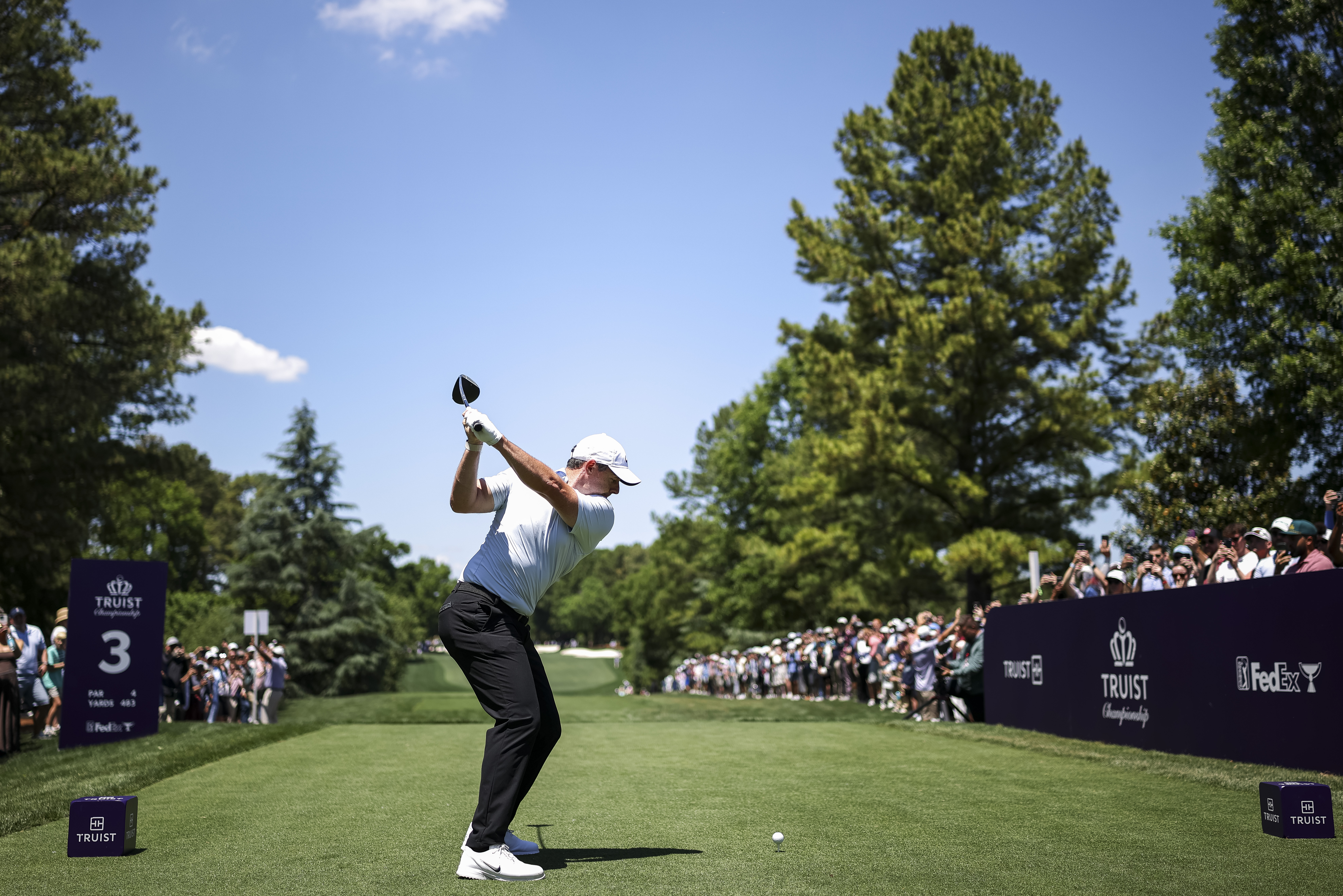 Rory McIlroy hits a tee shot on the third hole during the second round of the Truist Championship