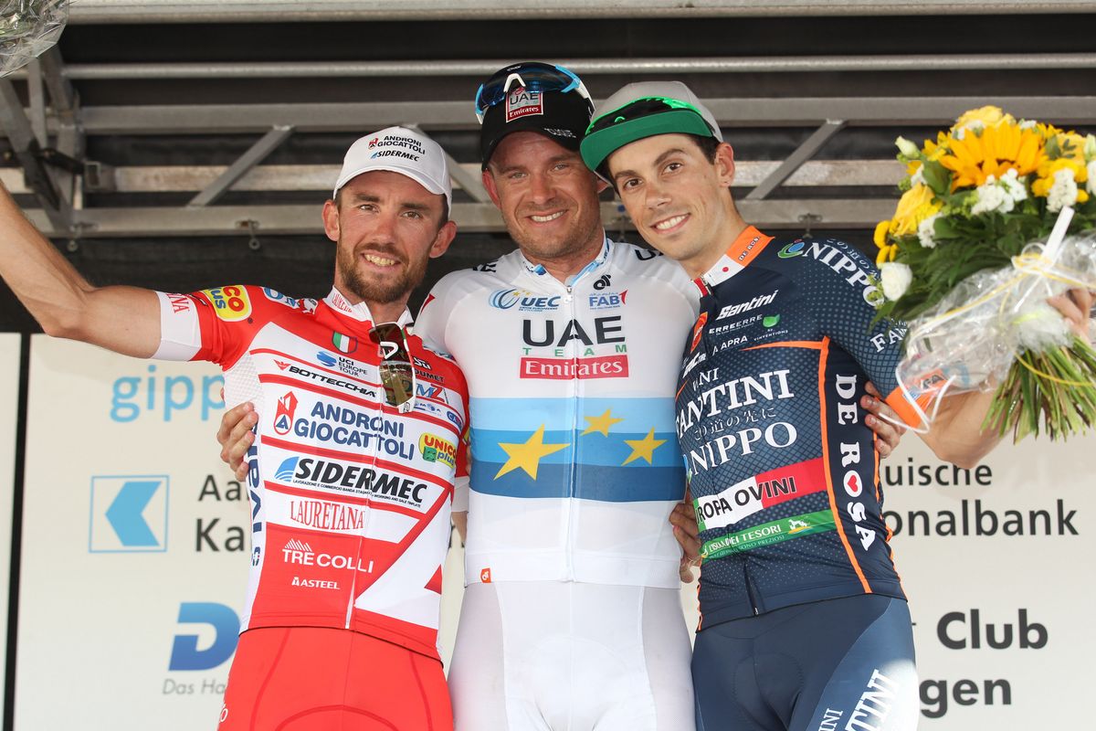 Francesco Gavazzi, Alexander Kristoff and Marco Canola on the podium