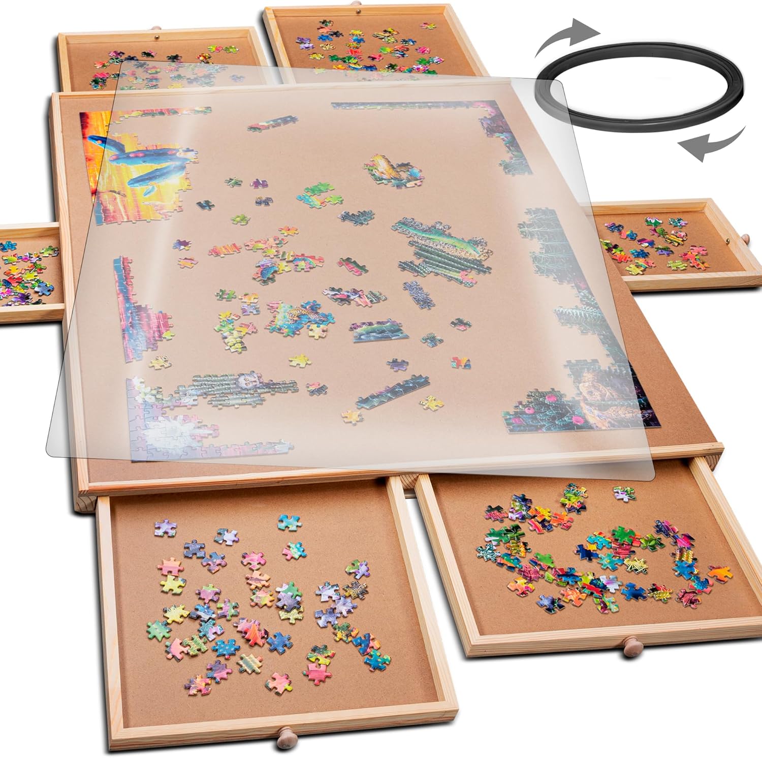 Puzzle-board with drawers and a plastic cover