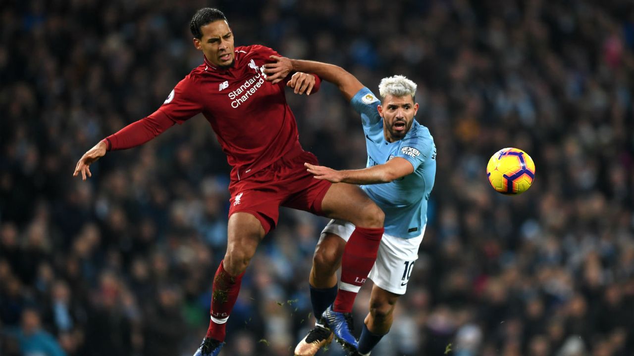 Liverpool defender Virgil van Dijk in action against Manchester City striker Sergio Aguero