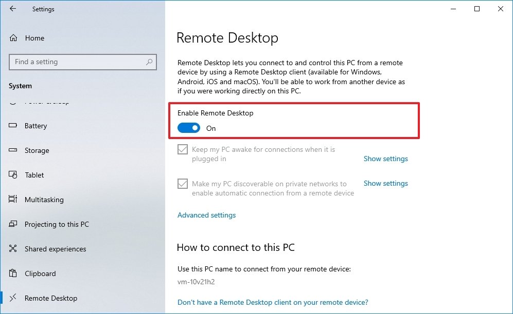 Windows 10 enable Remote Desktop