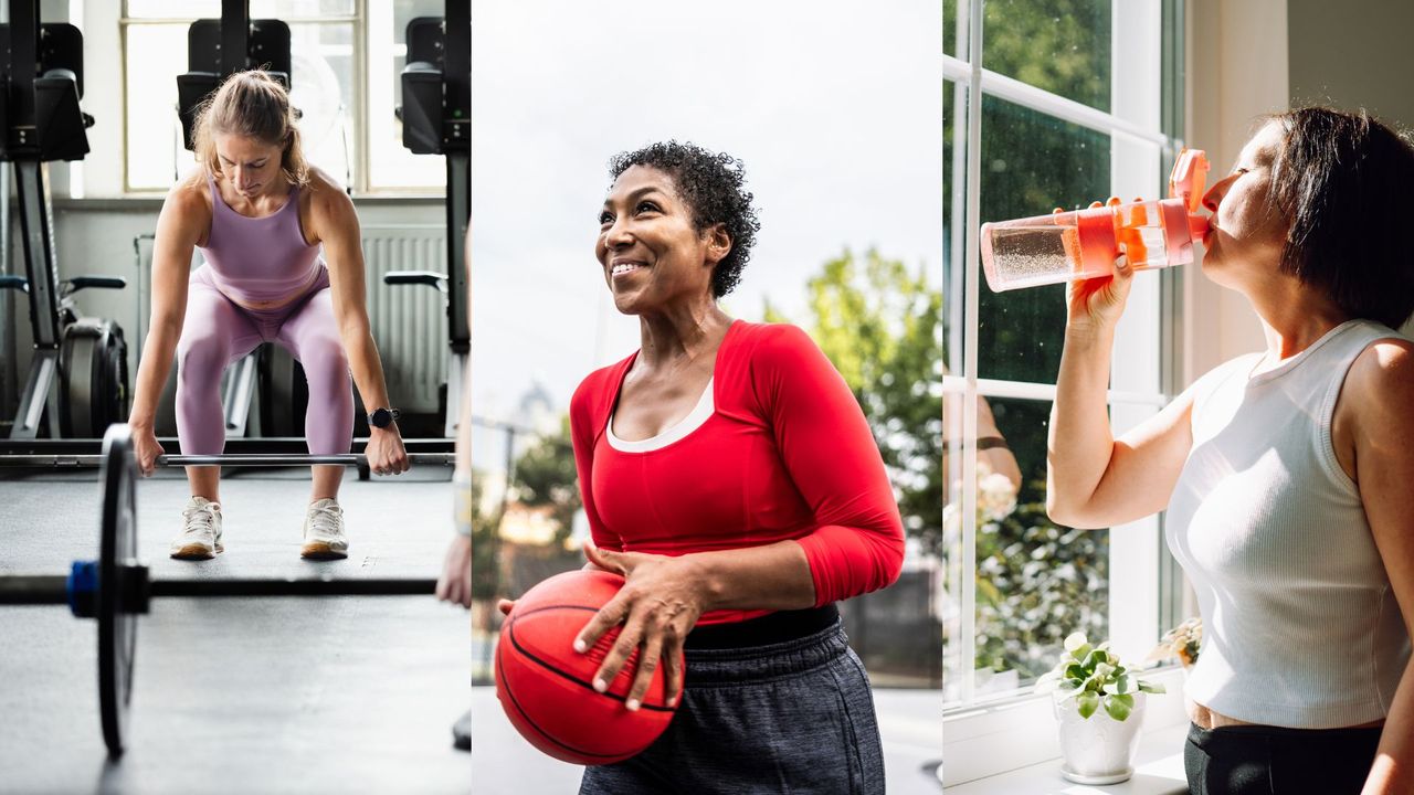 Woman lifting weights, playing basketball, and drinking water in collage, representing how long does it take to get fit in different activities
