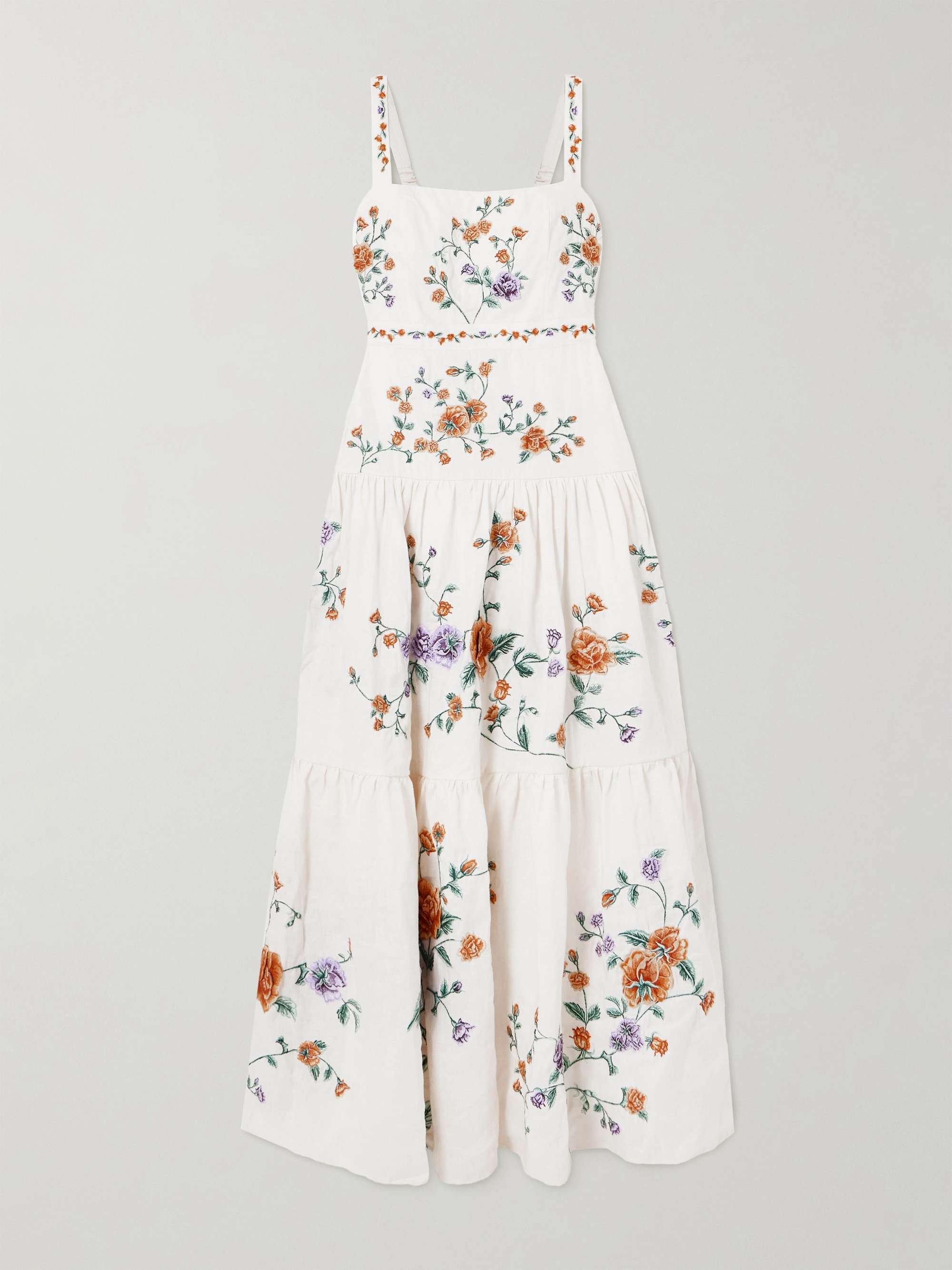 Lima Tiered Pleated Embroidered Linen Maxi Dress