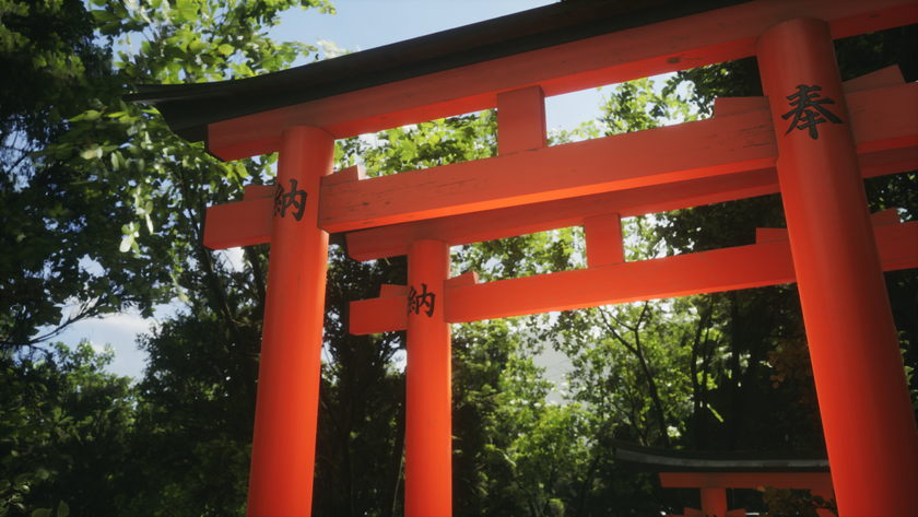 Wanderstop indie game; A close-up view of a vibrant red torii gate, a traditional Japanese gate, in a lush green forest setting.