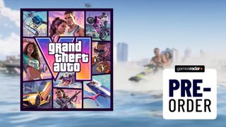 An image of GTA 6's main protagonists on a jet ski, blurred, with a pre-order stamp and the box art on top of it