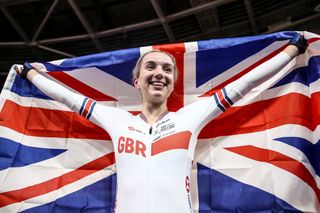 Elinor Barker (Great Britain) celebrates after winning Women's Points Race at 2020 UCI Track Cycling World Championships