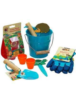 Kids garden set with mini metal bucket, miniature trowel and fork, along with gardening gloves, plant markers, mini pots and a packet of popcorn seeds