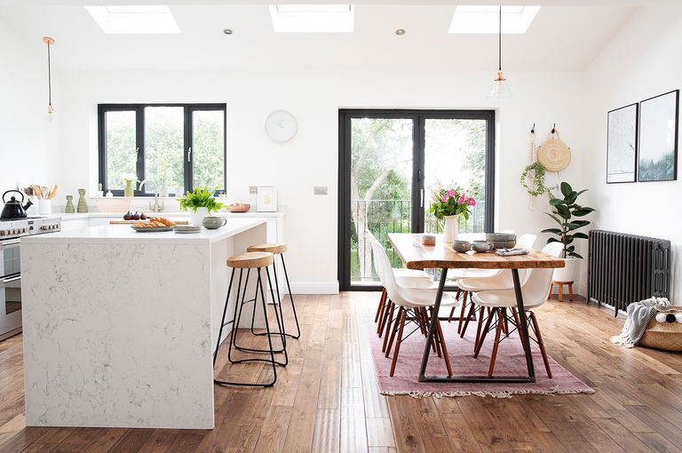 a white modern open plan kitchen ideas with an island and a dining table