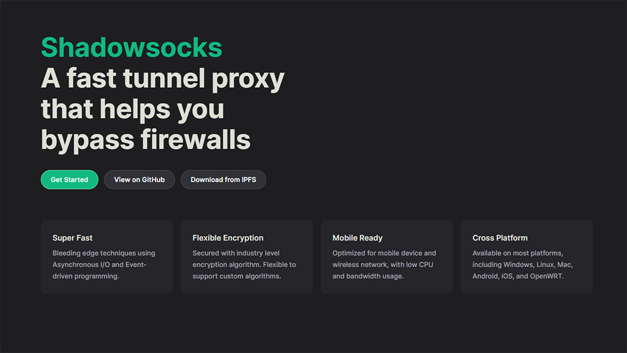 Screenshot of Shadowsocks website homepage