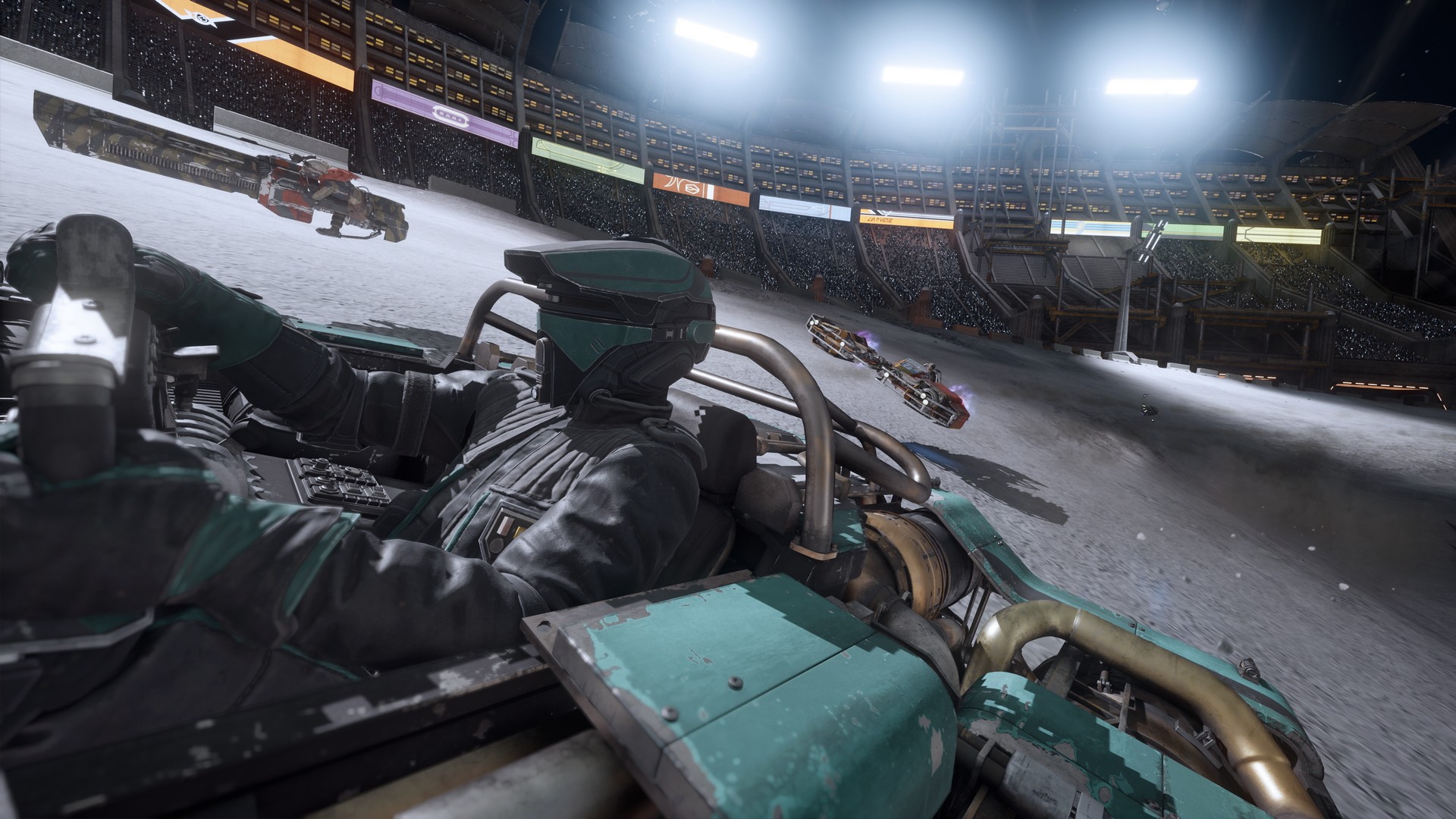 A close-up of Shade steering a vehicle along an illuminated arena track in Star Wars: Galactic Racer