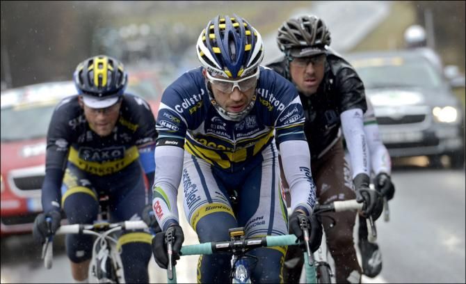 Martijn Keizer (Vacansoleil-DCM) leads the four-man break on a wet, miserable day at Paris-Nice.